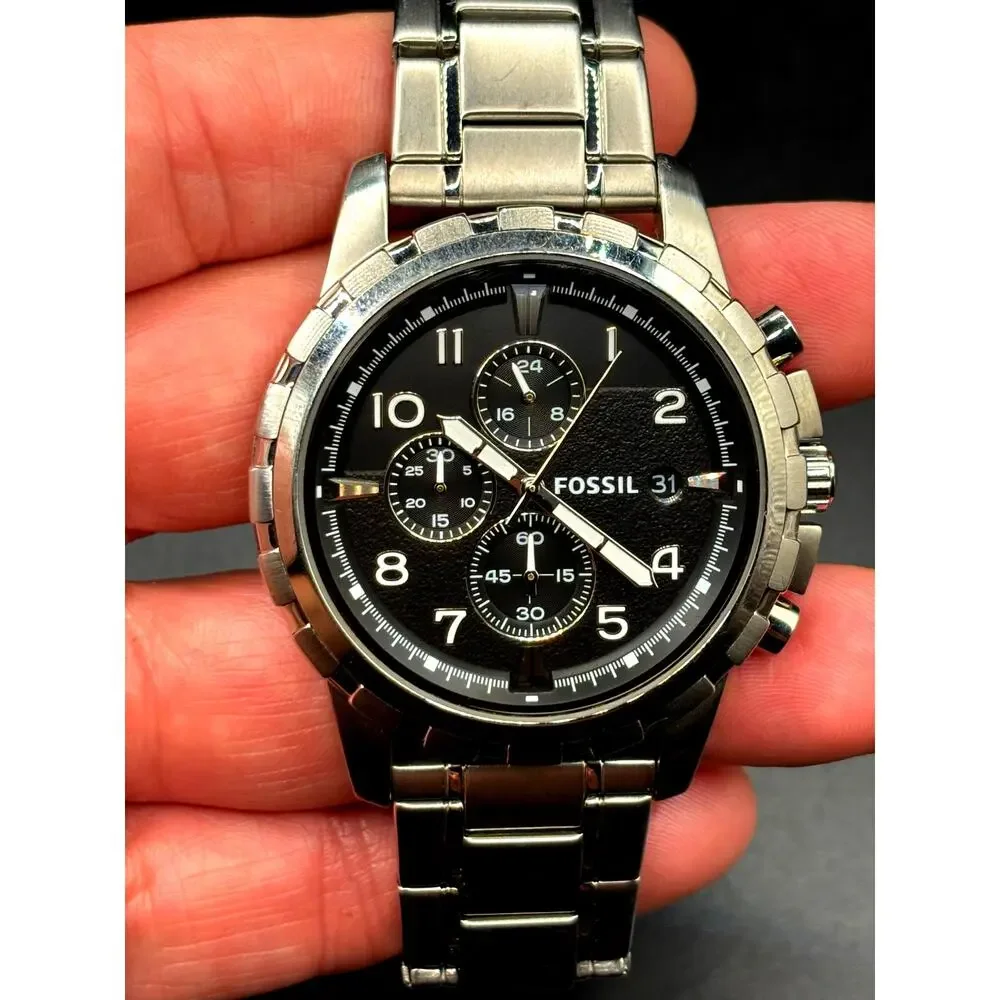 Fossil Dean FS4542 Black Chronograph Silver Tone Stainless Steel Watch 45mm